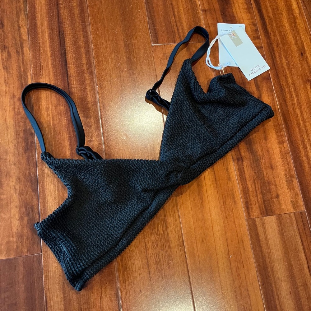 GOOD AMERICAN Bikini Top Swim Black Textured Bralette Unpadded New Size Large